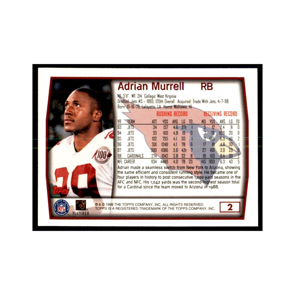 Adrian Murrell 1999 Topps #2 Football Cards Football Card NM