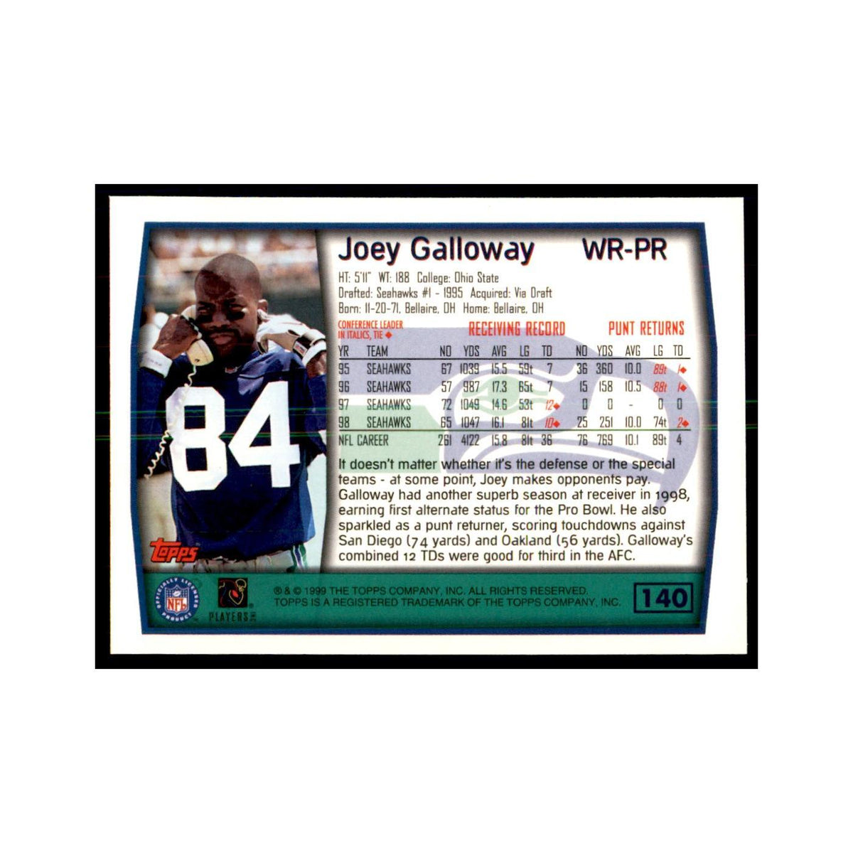 Joey Galloway 1999 Topps #140 Football Cards Football Card NM
