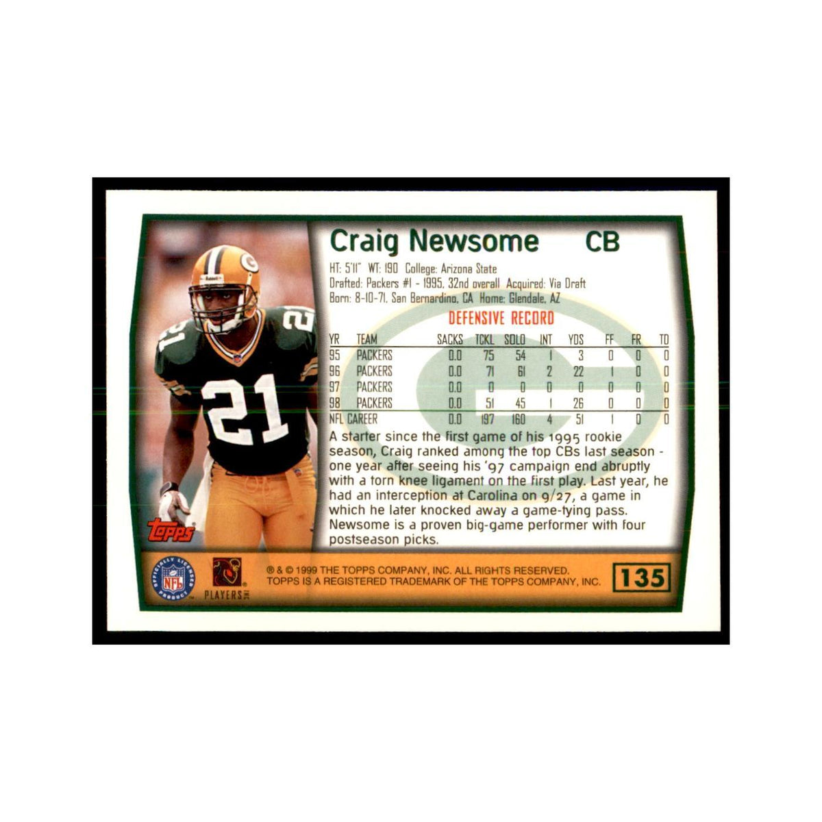 Craig Newsome 1999 Topps #135 Football Cards Football Card NM
