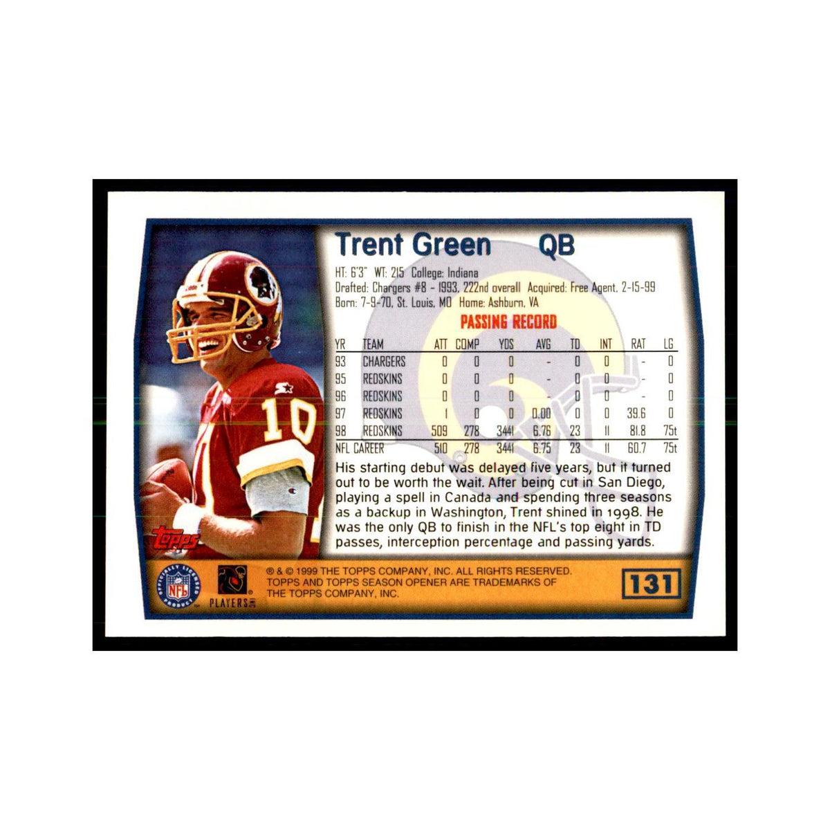 Trent Green 1999 Topps #131 Football Cards Football Card NM