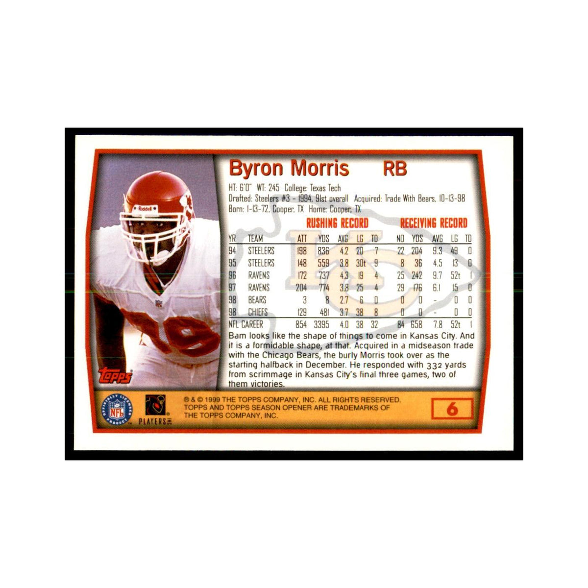 Byron Morris 1999 Topps #6 Football Cards Football Card NM
