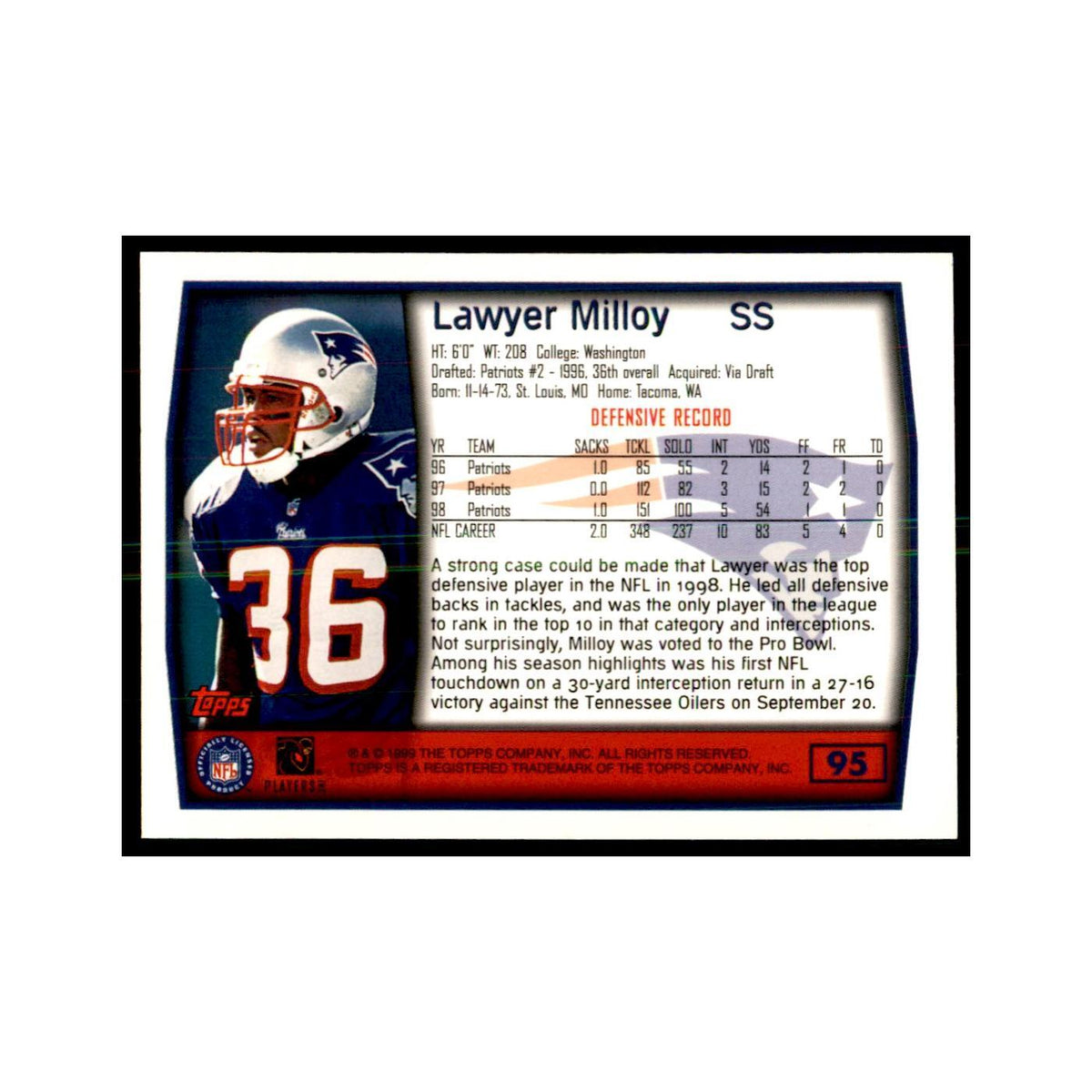 Lawyer Milloy 1999 Topps #95 Football Cards Football Card NM