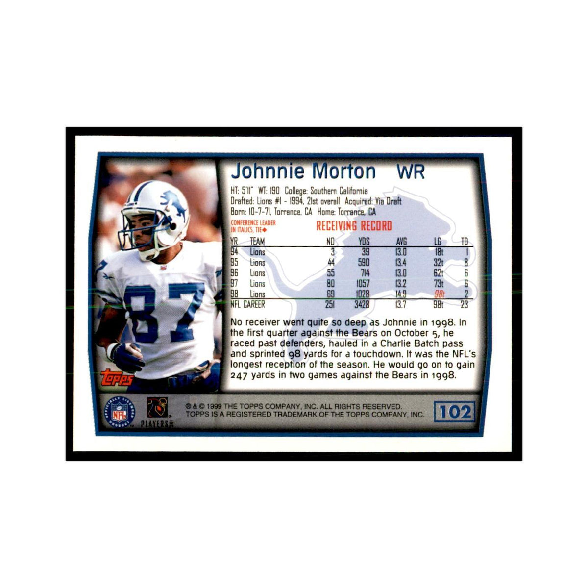Johnnie Morton 1999 Topps #102 Football Cards Football Card NM