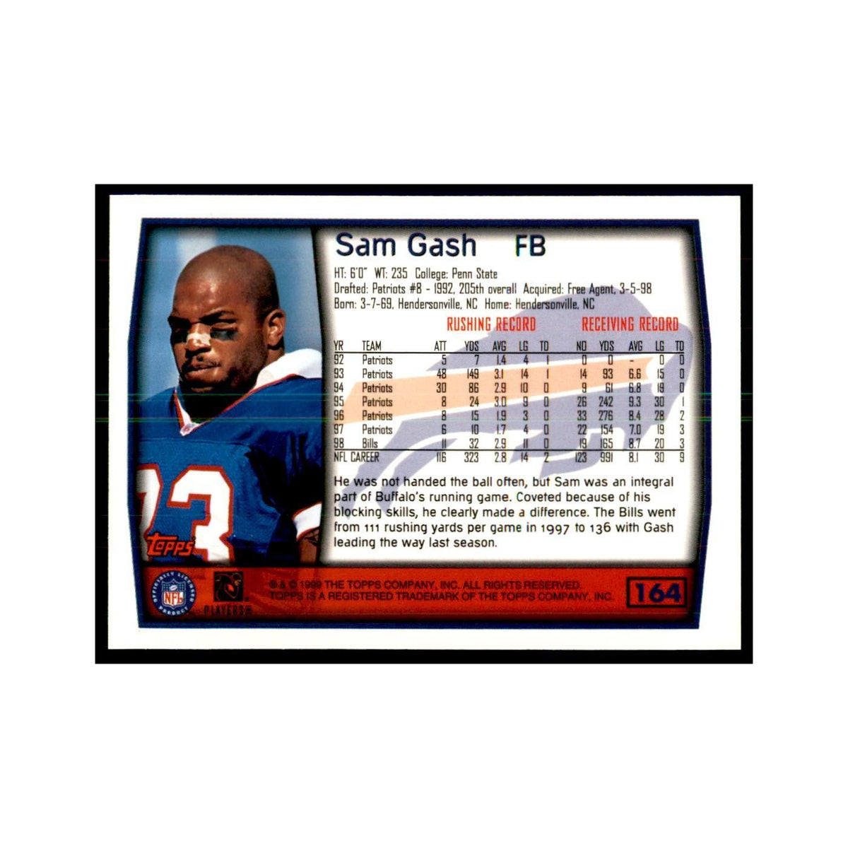 Sam Gash 1999 Topps #164 Football Cards Football Card NM