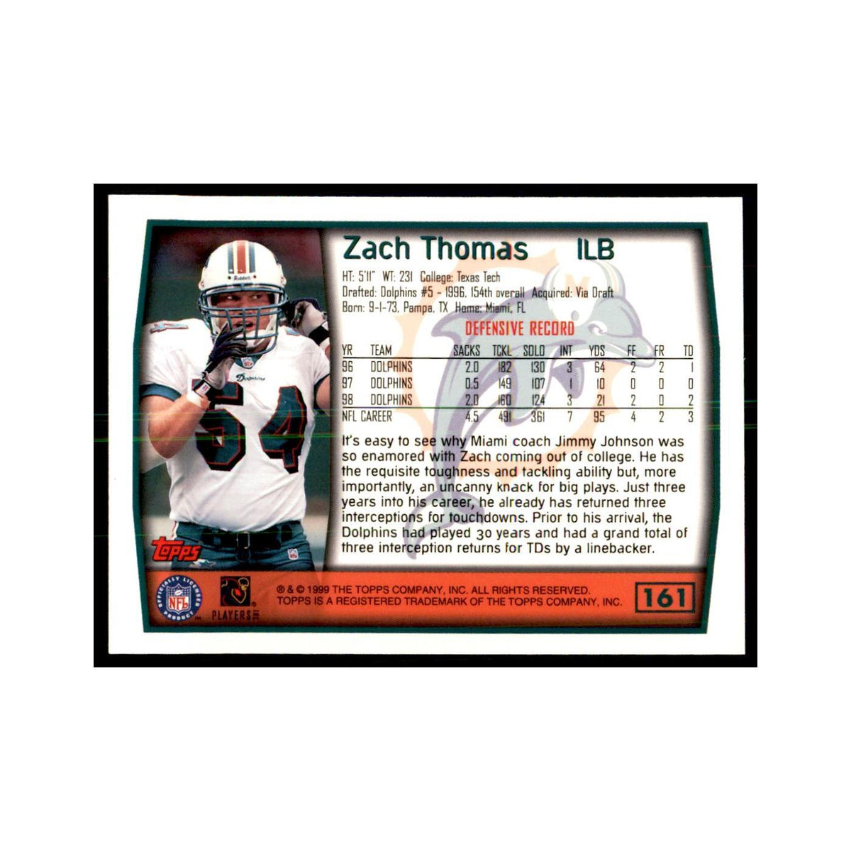 Zach Thomas 1999 Topps #161 Football Cards Football Card NM