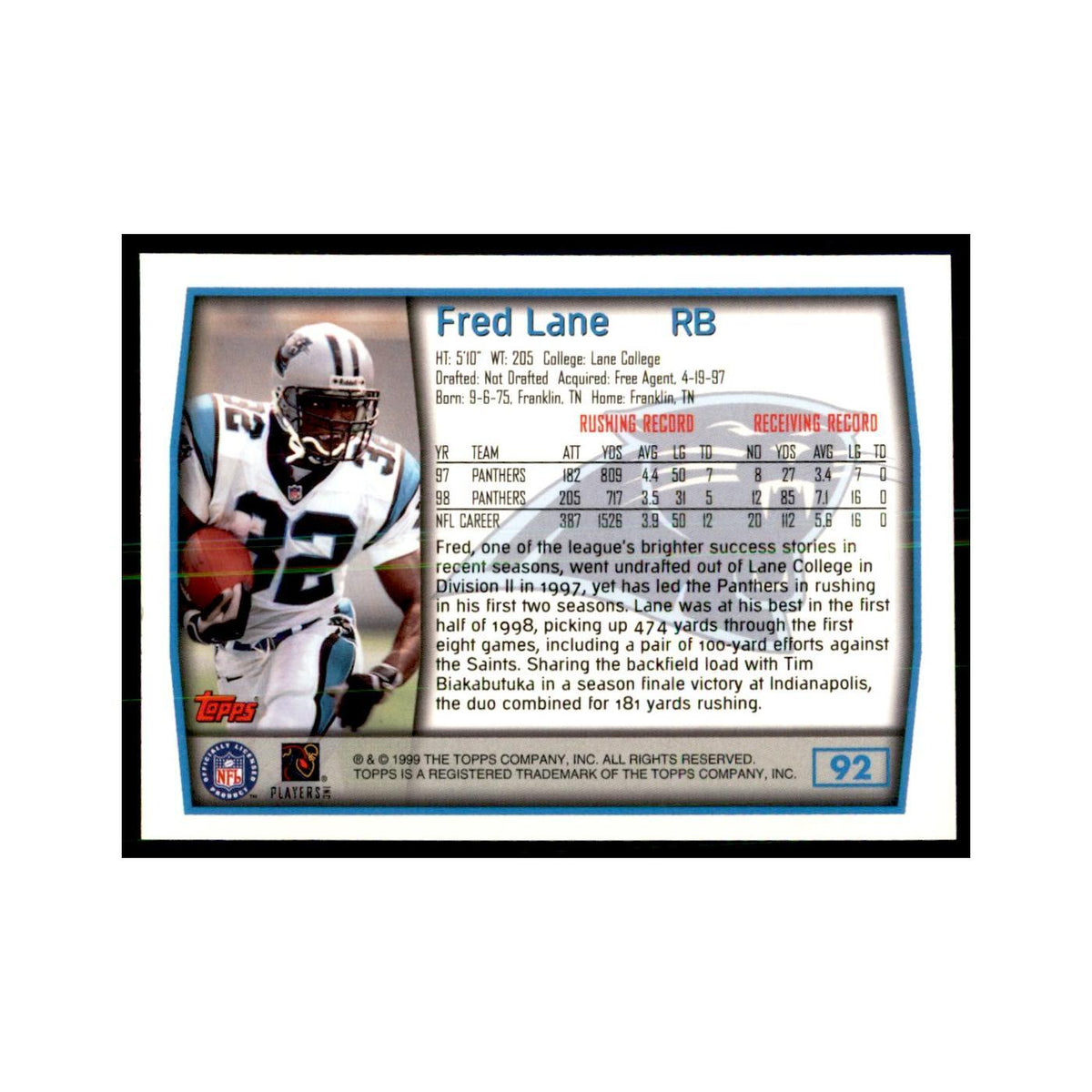 Fred Lane 1999 Topps #92 Football Cards Football Card NM