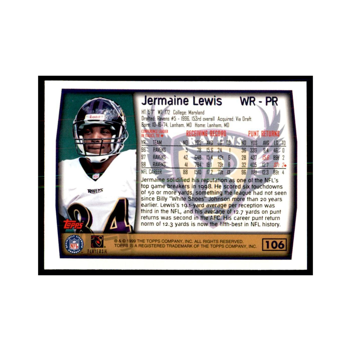 Jermaine Lewis 1999 Topps #106 Football Cards Football Card NM