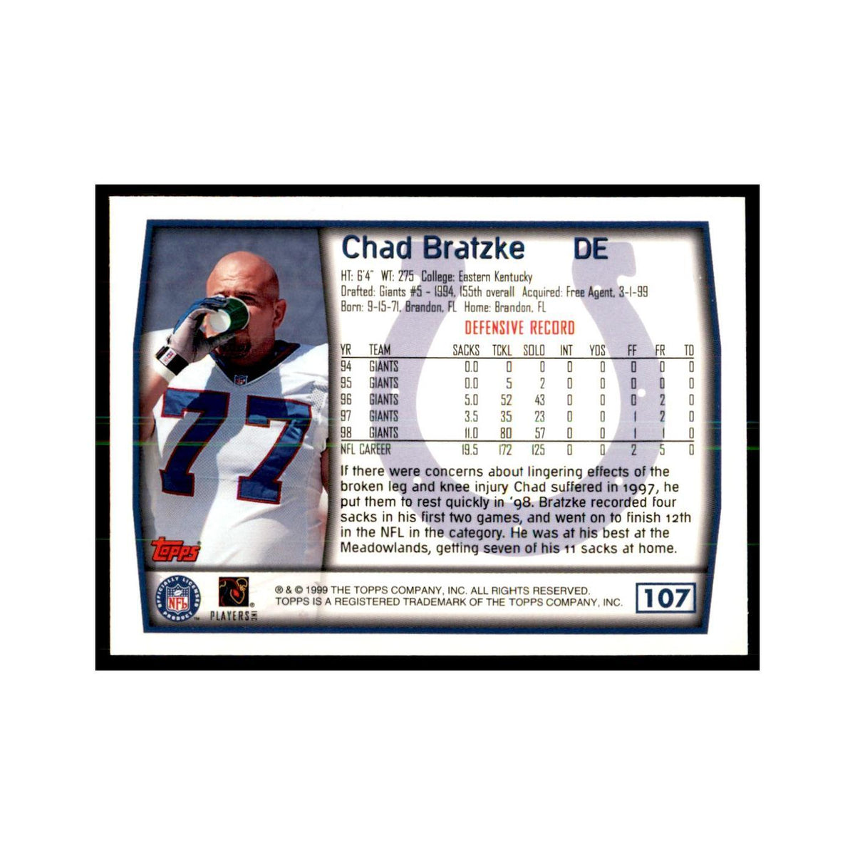 Chad Bratzke 1999 Topps #107 Football Cards Football Card NM
