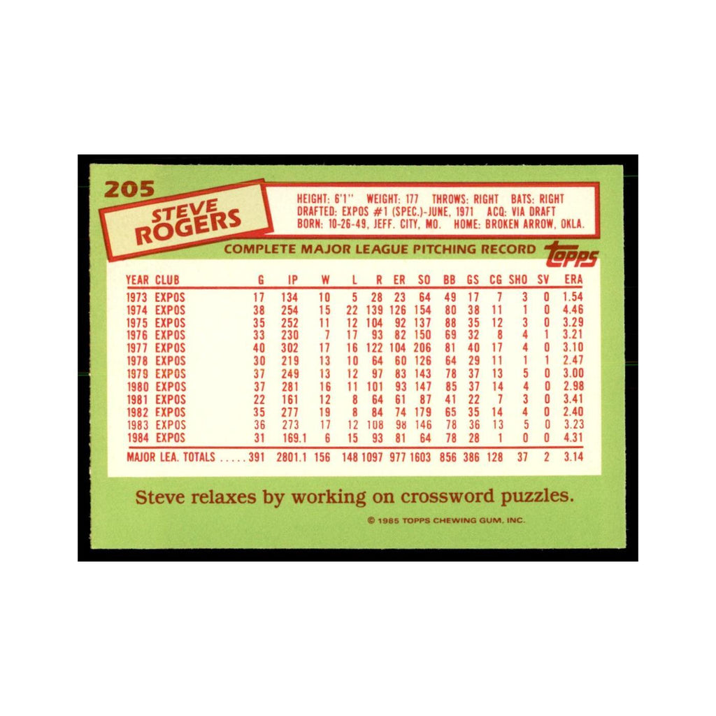 Steve Rogers 1985 Topps Tiffany #205 Baseball Cards Baseball Card NM