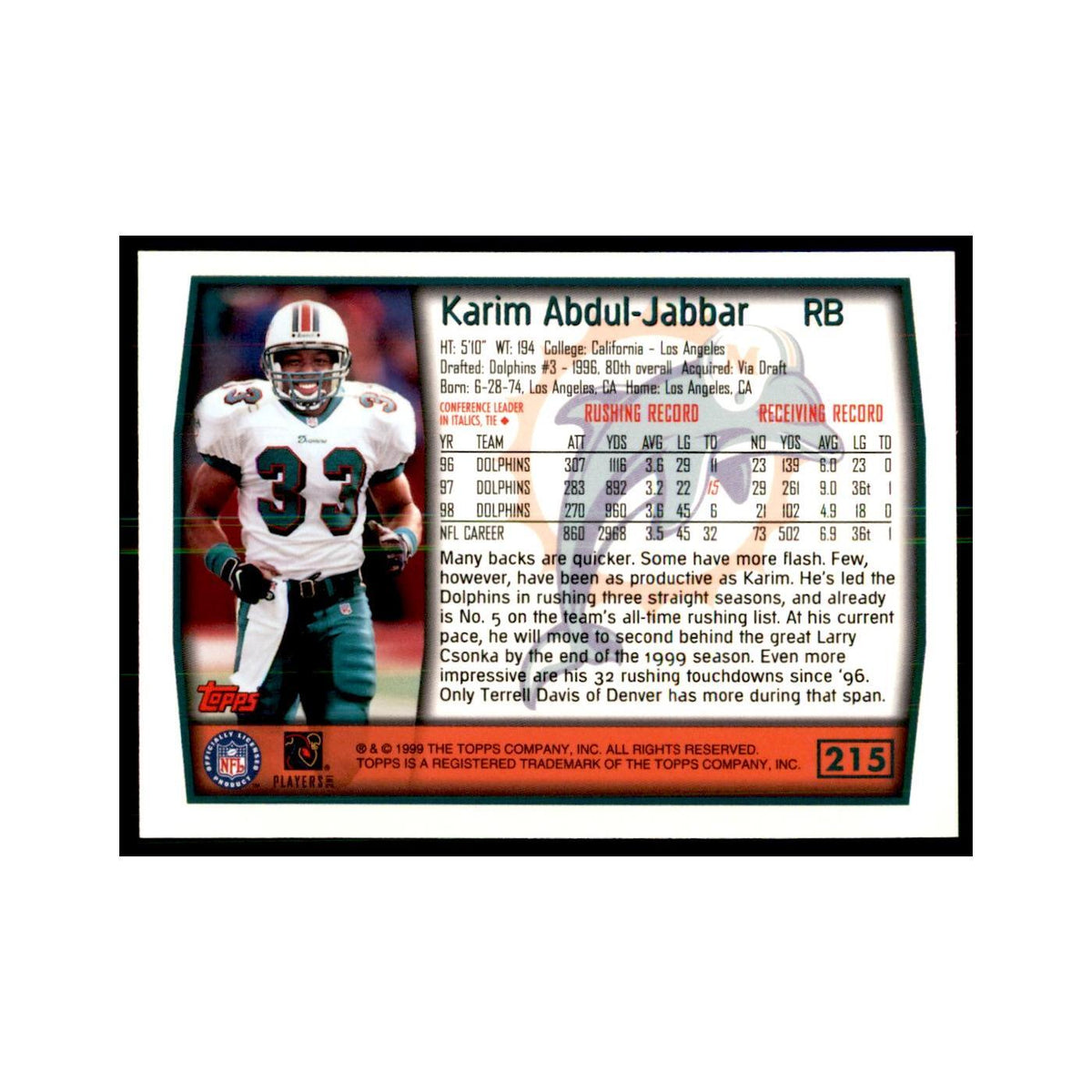 Karim Abdul-Jabbar 1999 Topps #215 Football Cards Football Card NM