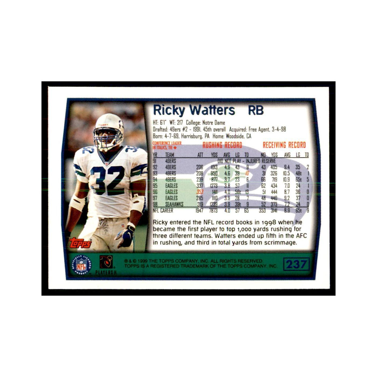 Ricky Watters 1999 Topps #237 Football Cards Football Card NM