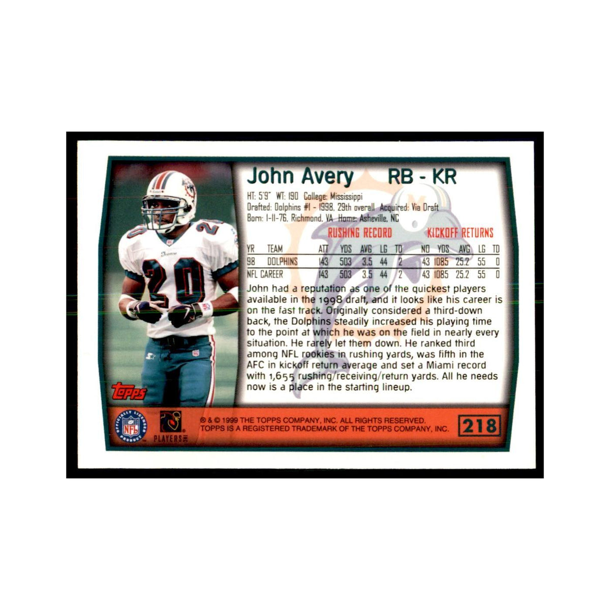 John Avery 1999 Topps #218 Football Cards Football Card NM