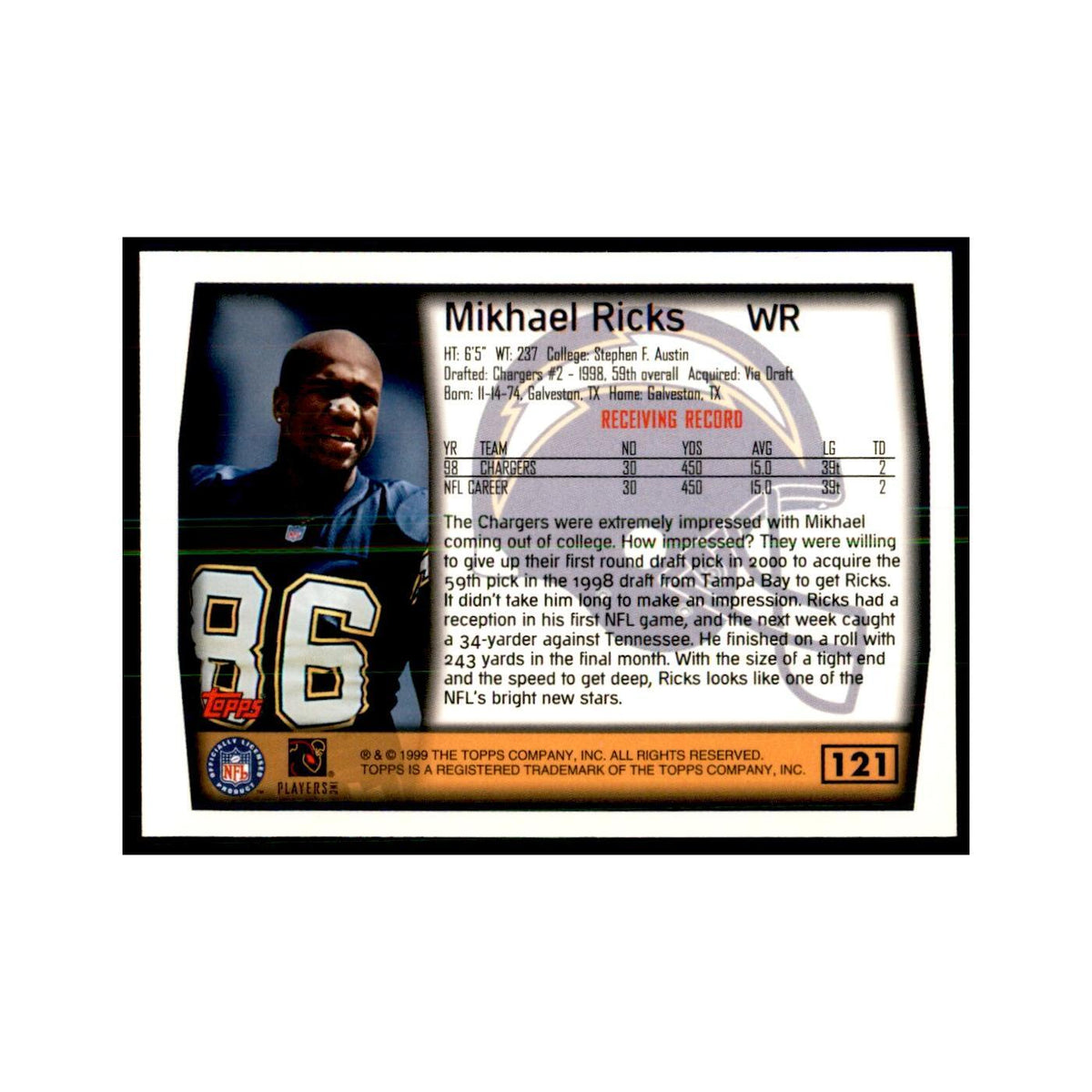 Mikhael Ricks 1999 Topps #121 Football Cards Football Card NM