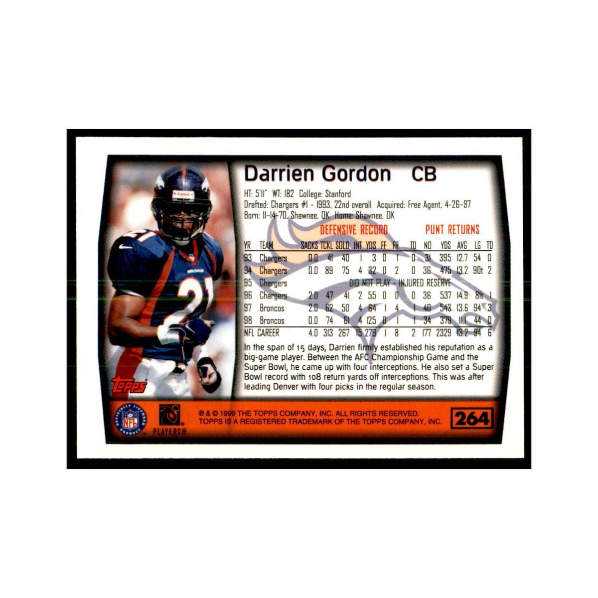 Darrien Gordon 1999 Topps #264 Football Cards Football Card NM