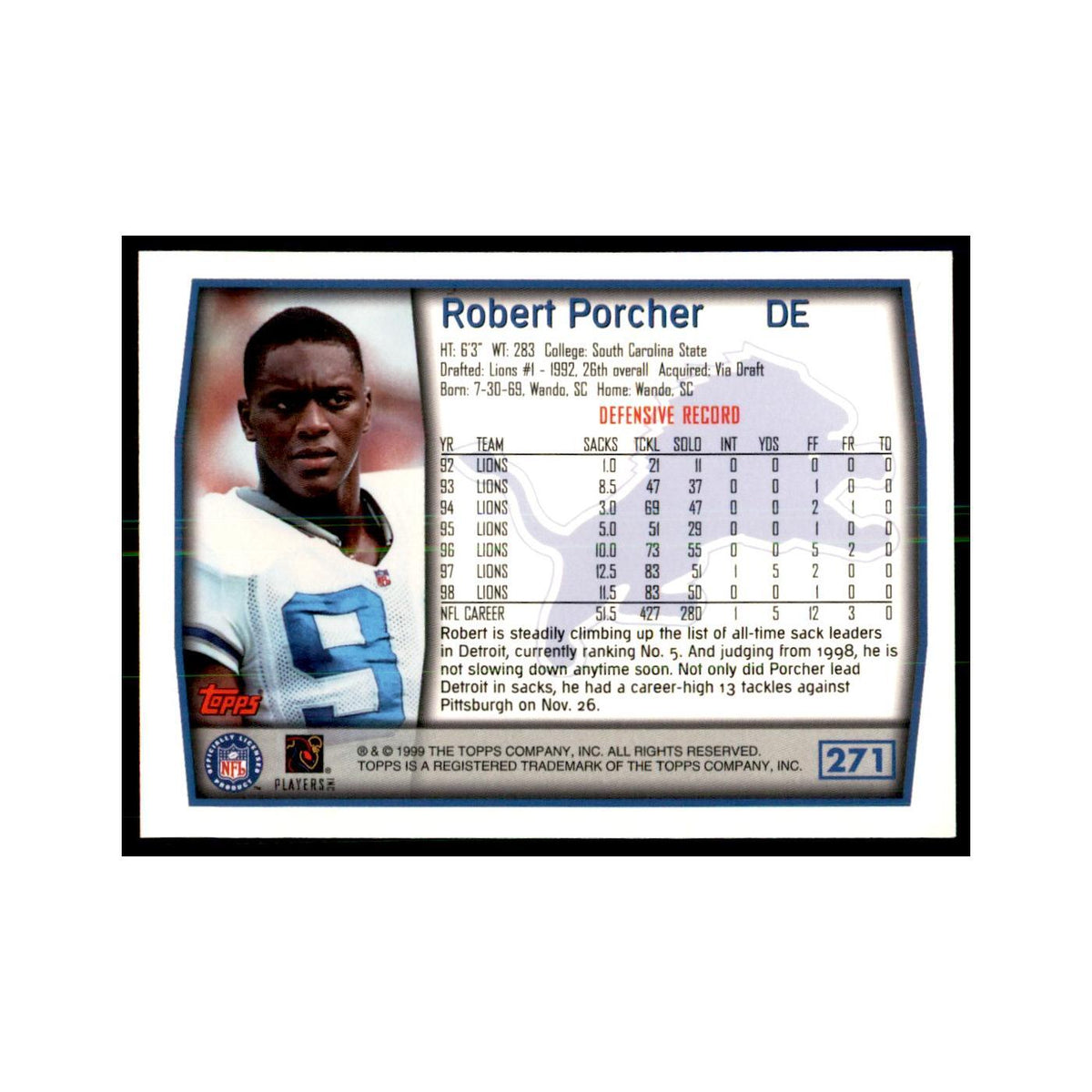 Robert Porcher 1999 Topps #271 Football Cards Football Card NM
