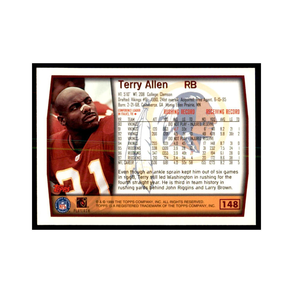 Terry Allen 1999 Topps #148 Football Cards Football Card NM