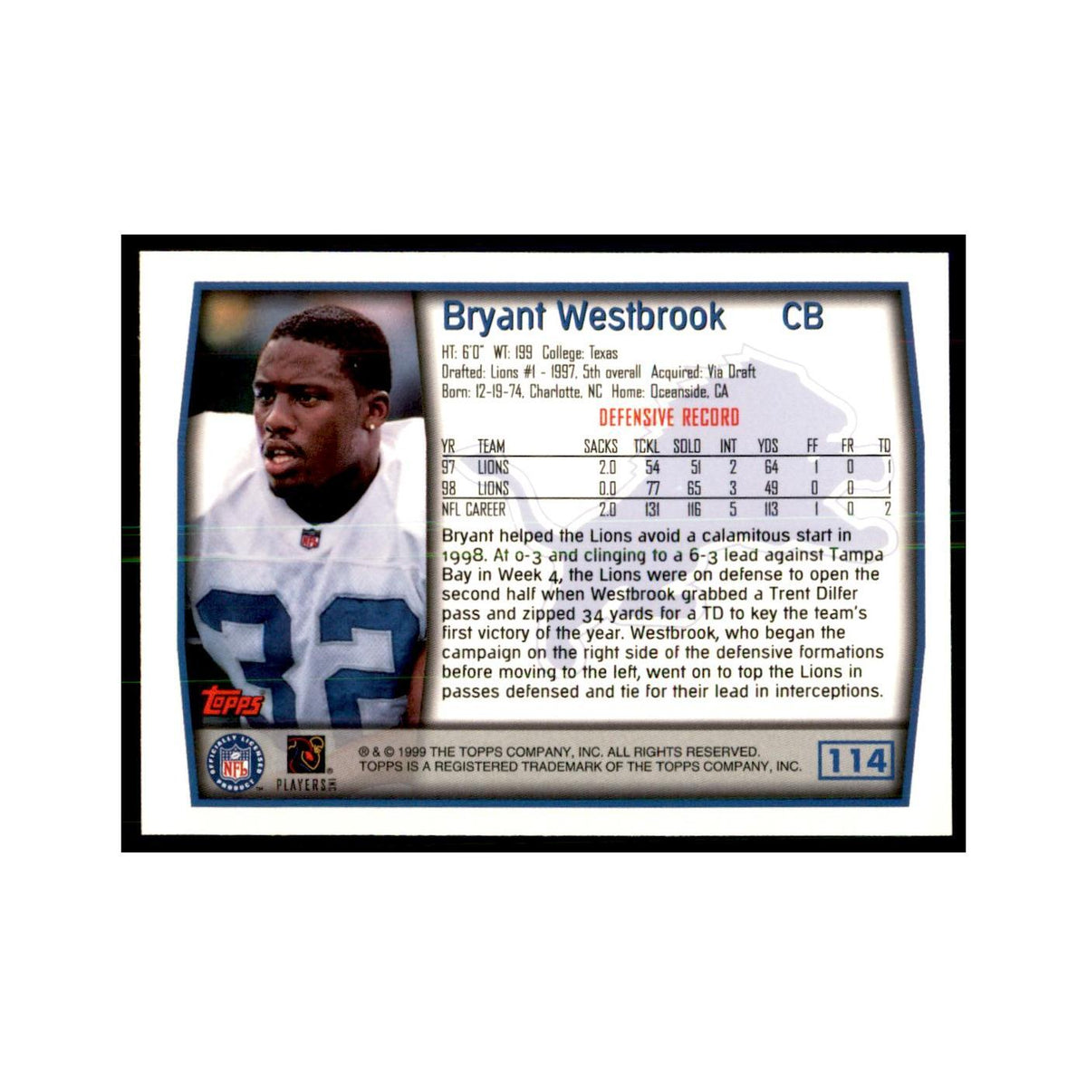 Bryant Westbrook 1999 Topps #114 Football Cards Football Card NM