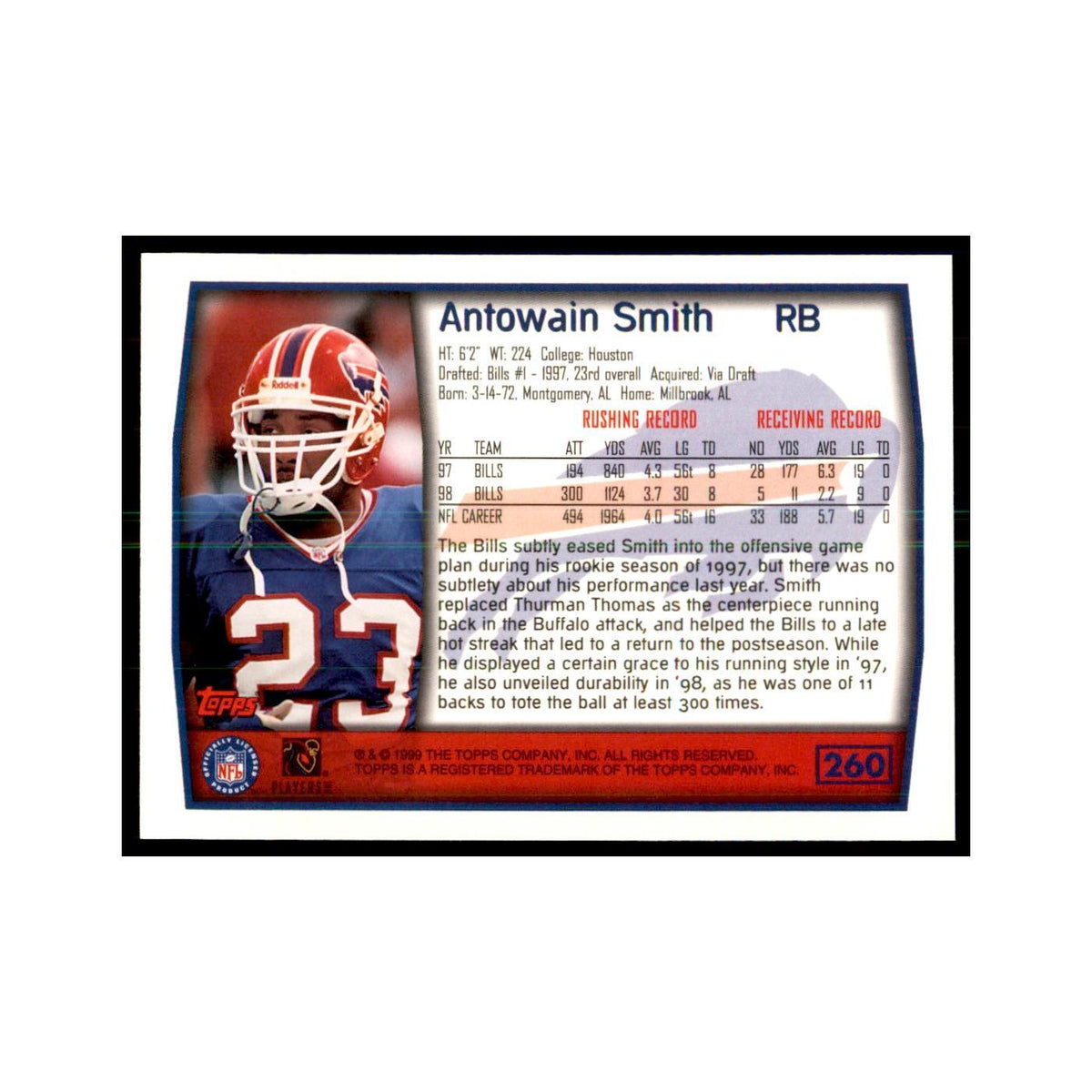 Antowain Smith 1999 Topps #260 Football Cards Football Card NM