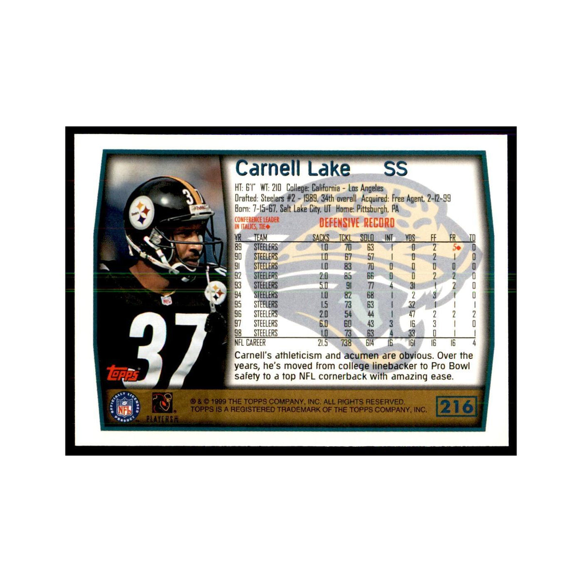 Carnell Lake 1999 Topps #216 Football Cards Football Card NM