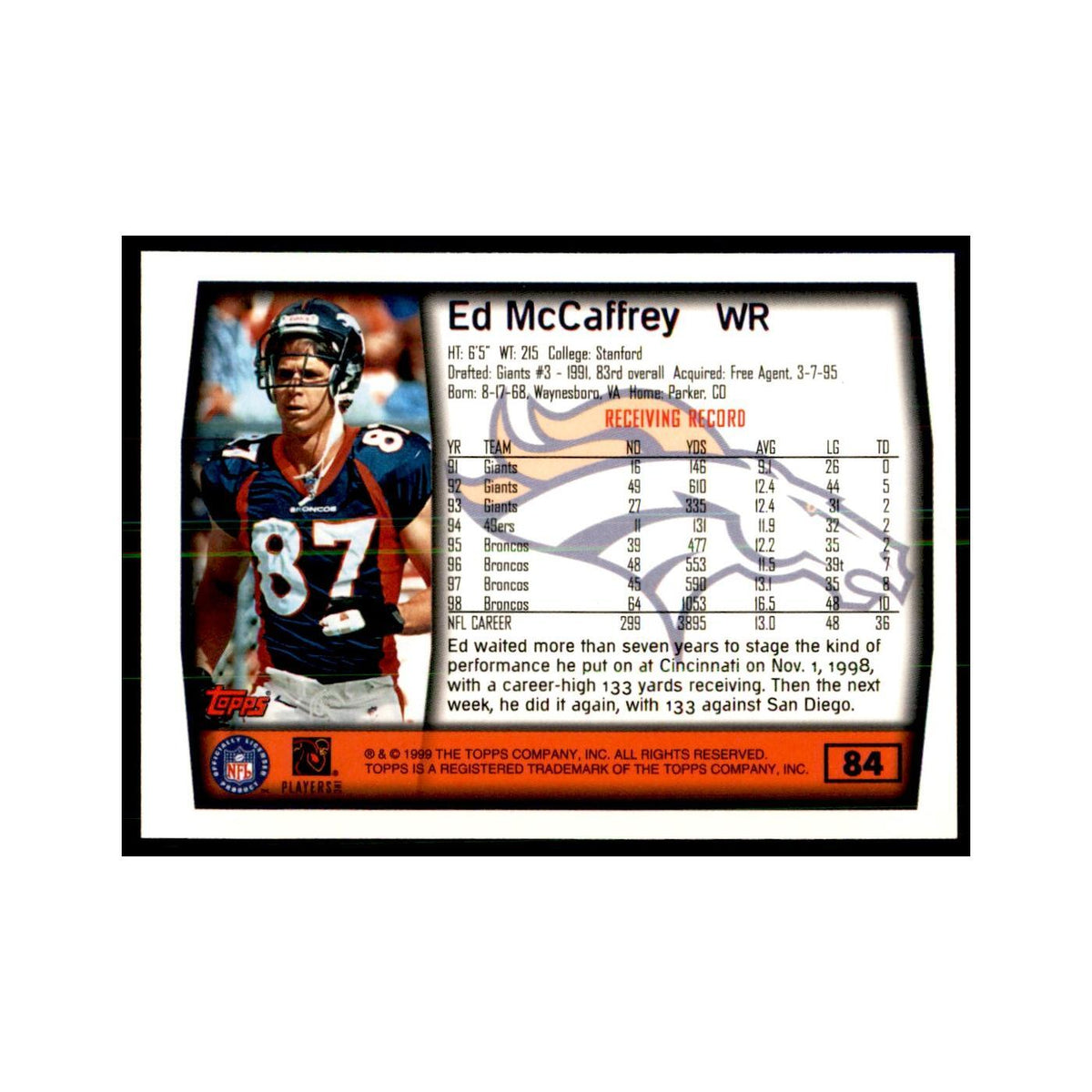 Ed McCaffrey 1999 Topps #84 Football Cards Football Card NM