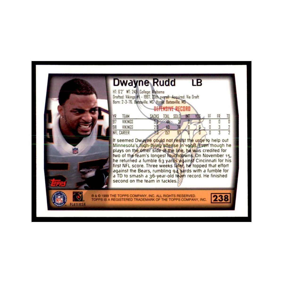 Dwayne Rudd 1999 Topps #238 Football Cards Football Card NM