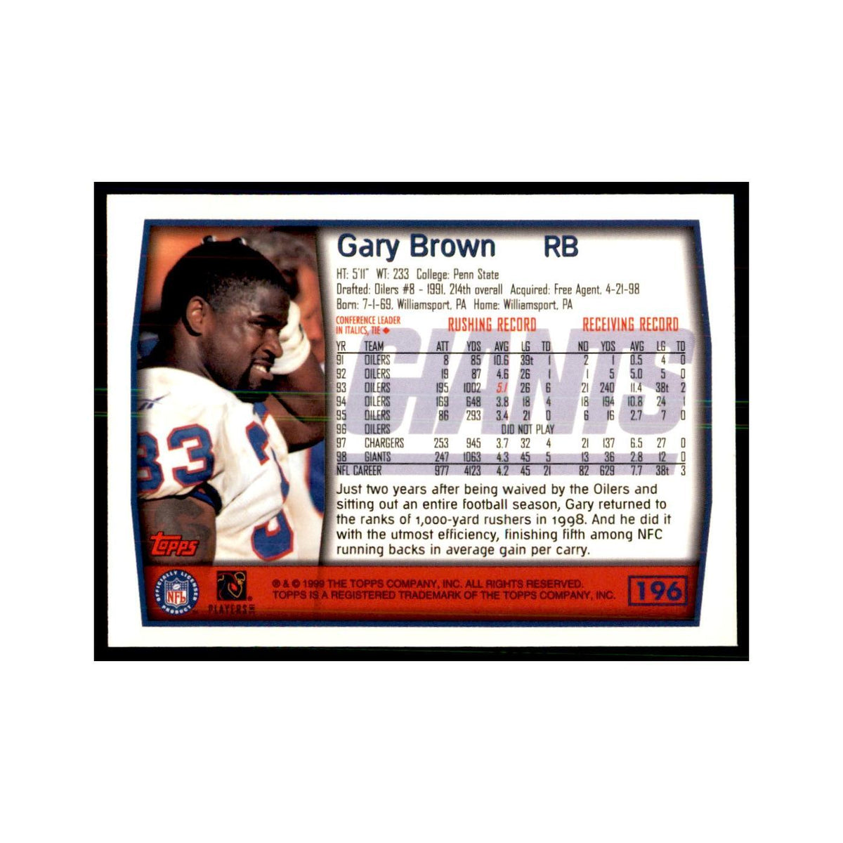 Gary Brown 1999 Topps #196 Football Cards Football Card NM