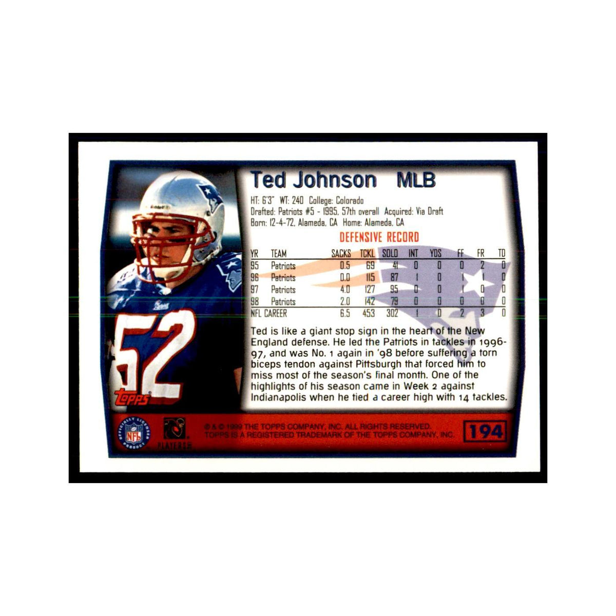 Ted Johnson 1999 Topps #194 Football Cards Football Card NM