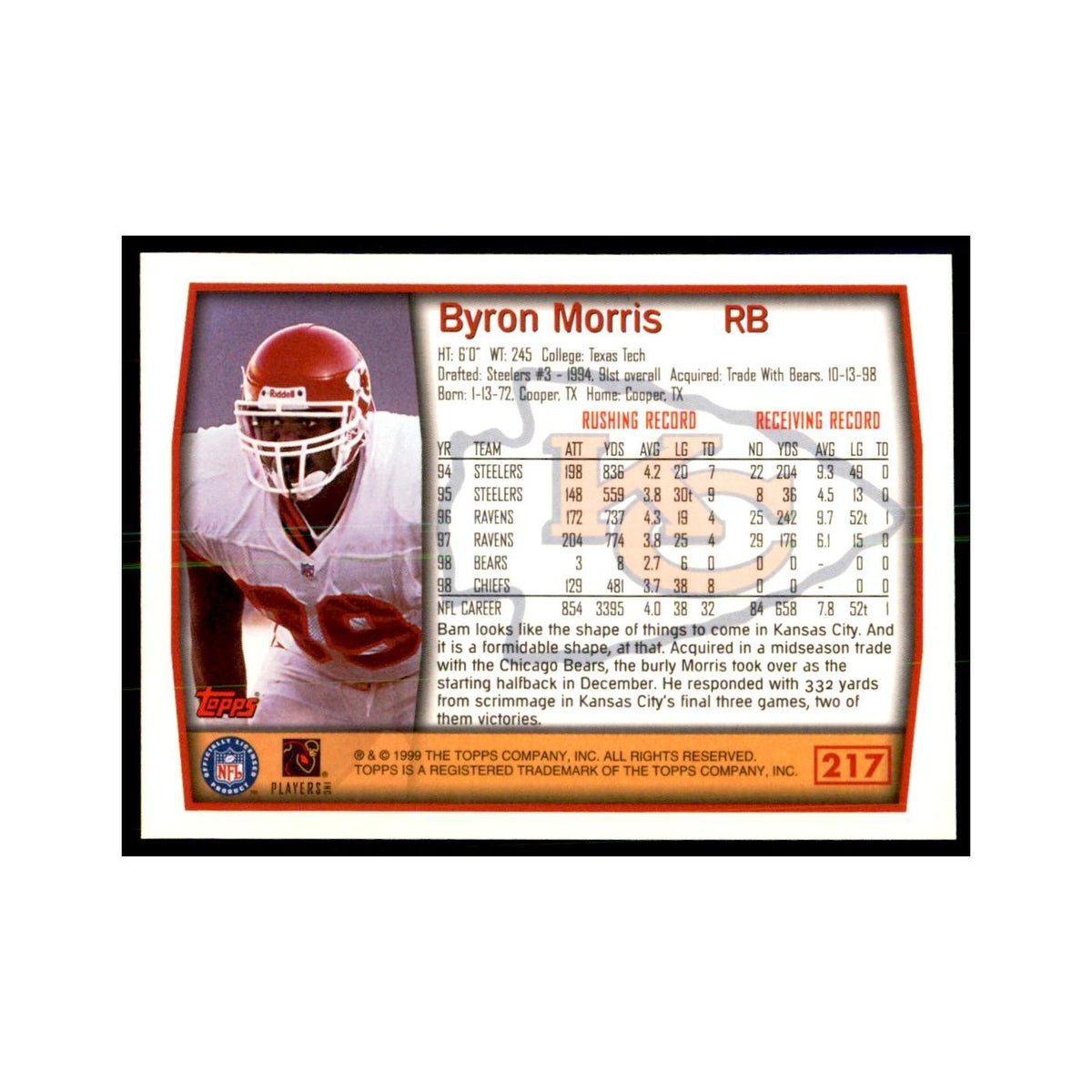 Byron Morris 1999 Topps #217 Football Cards Football Card NM