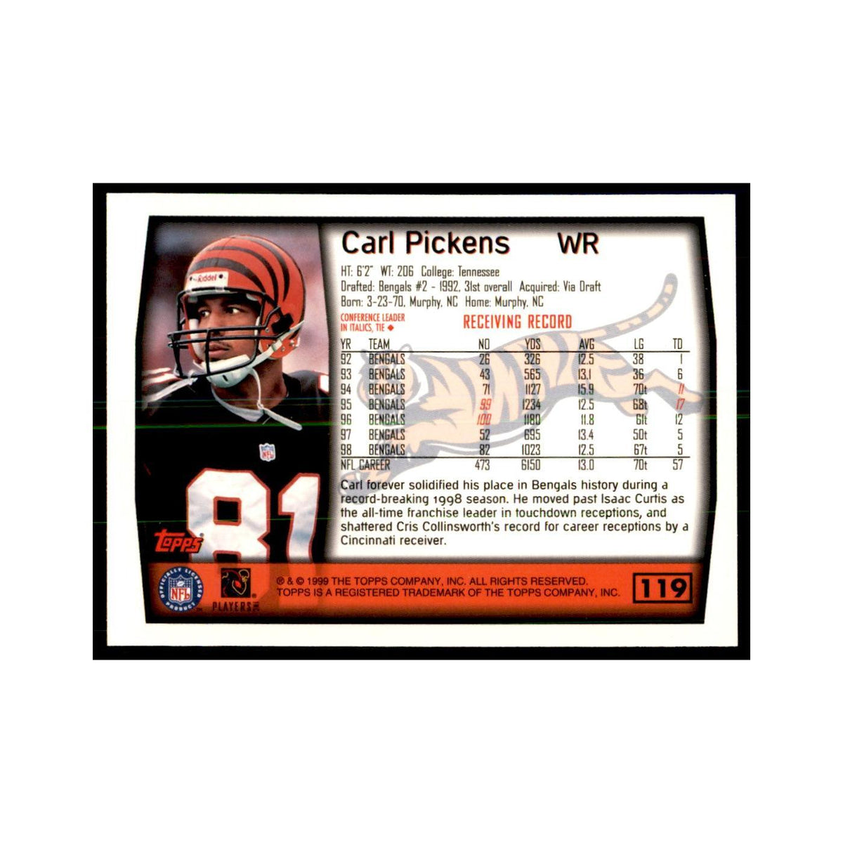 Carl Pickens 1999 Topps #119 Football Cards Football Card NM