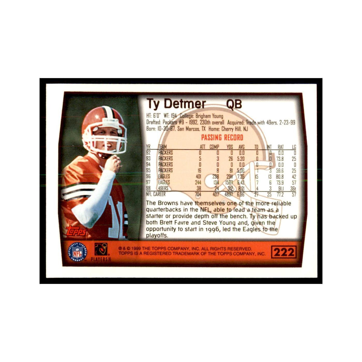 Ty Detmer 1999 Topps #222 Football Cards Football Card NM