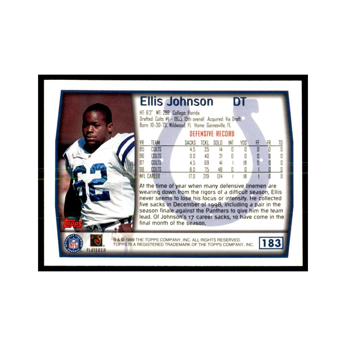 Ellis Johnson 1999 Topps #183 Football Cards Football Card NM