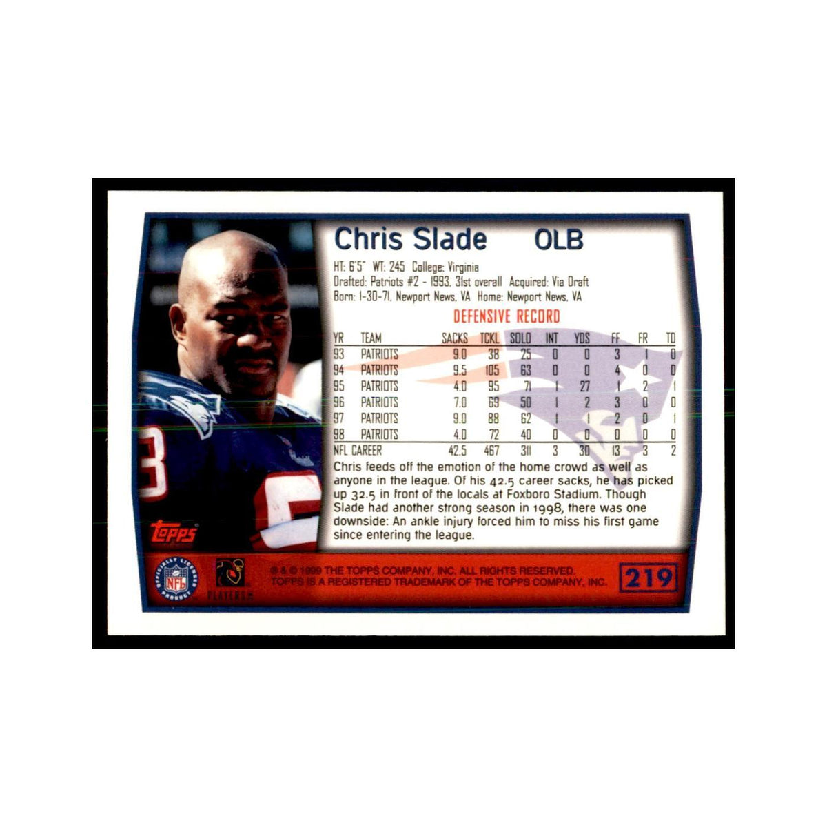Chris Slade 1999 Topps #219 Football Cards Football Card NM