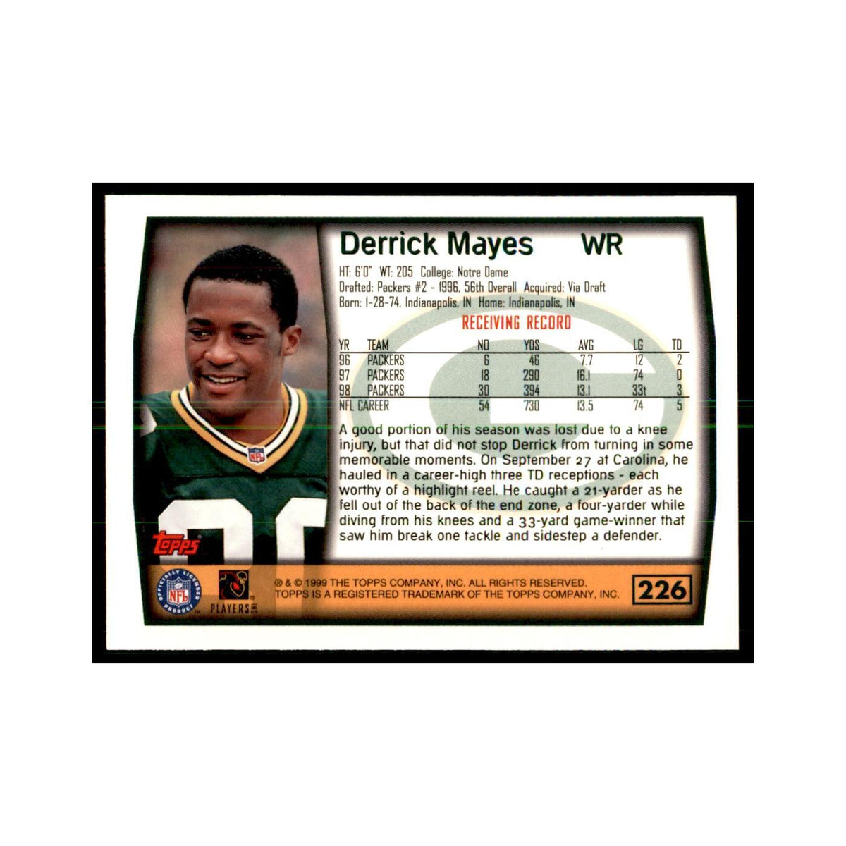 Derrick Mayes 1999 Topps #226 Football Cards Football Card NM