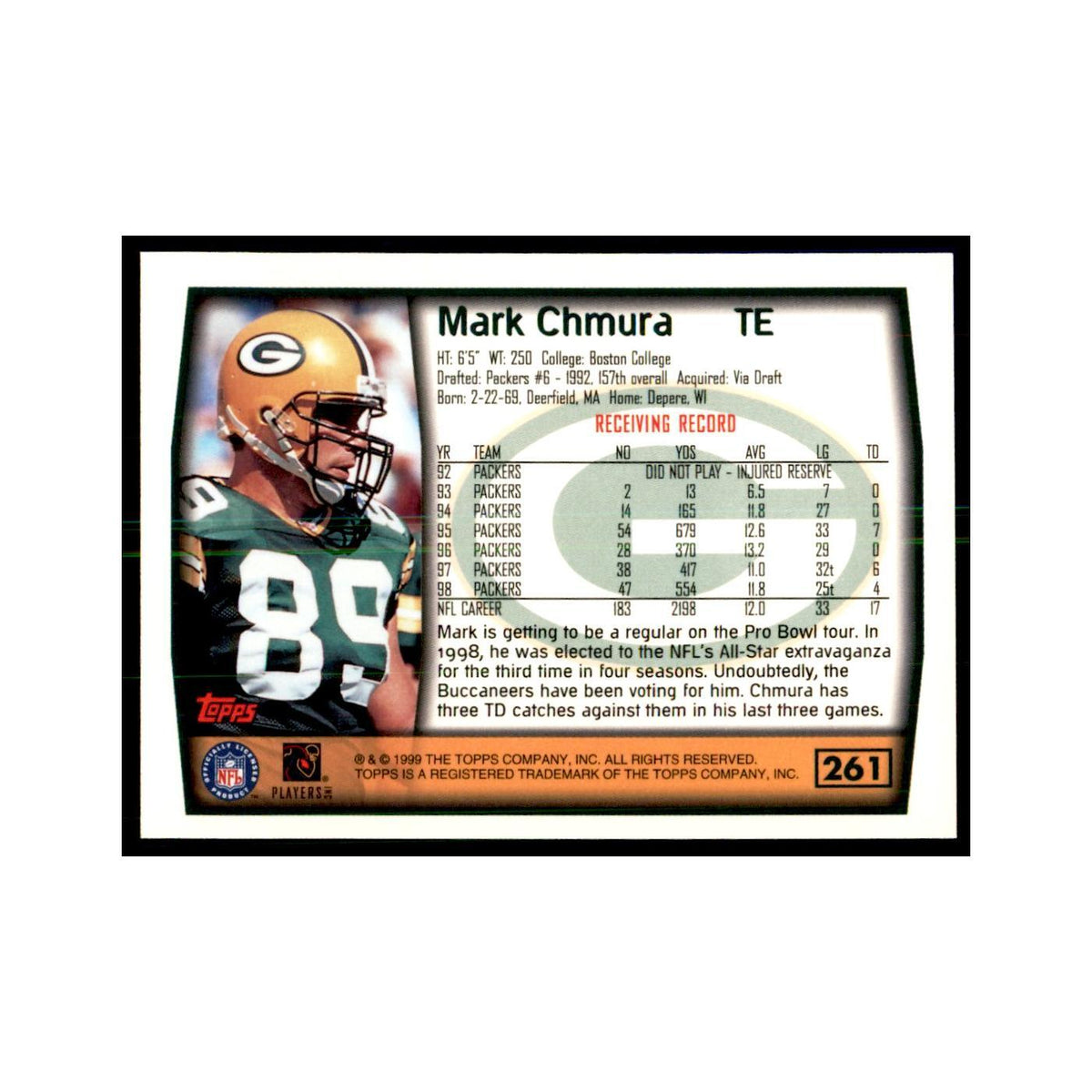 Mark Chmura 1999 Topps #261 Football Cards Football Card NM