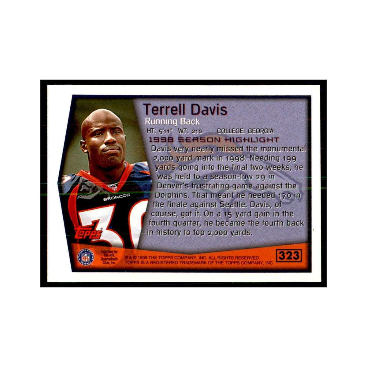 Terrell Davis 1999 Topps #323 Football Cards Football Card NM