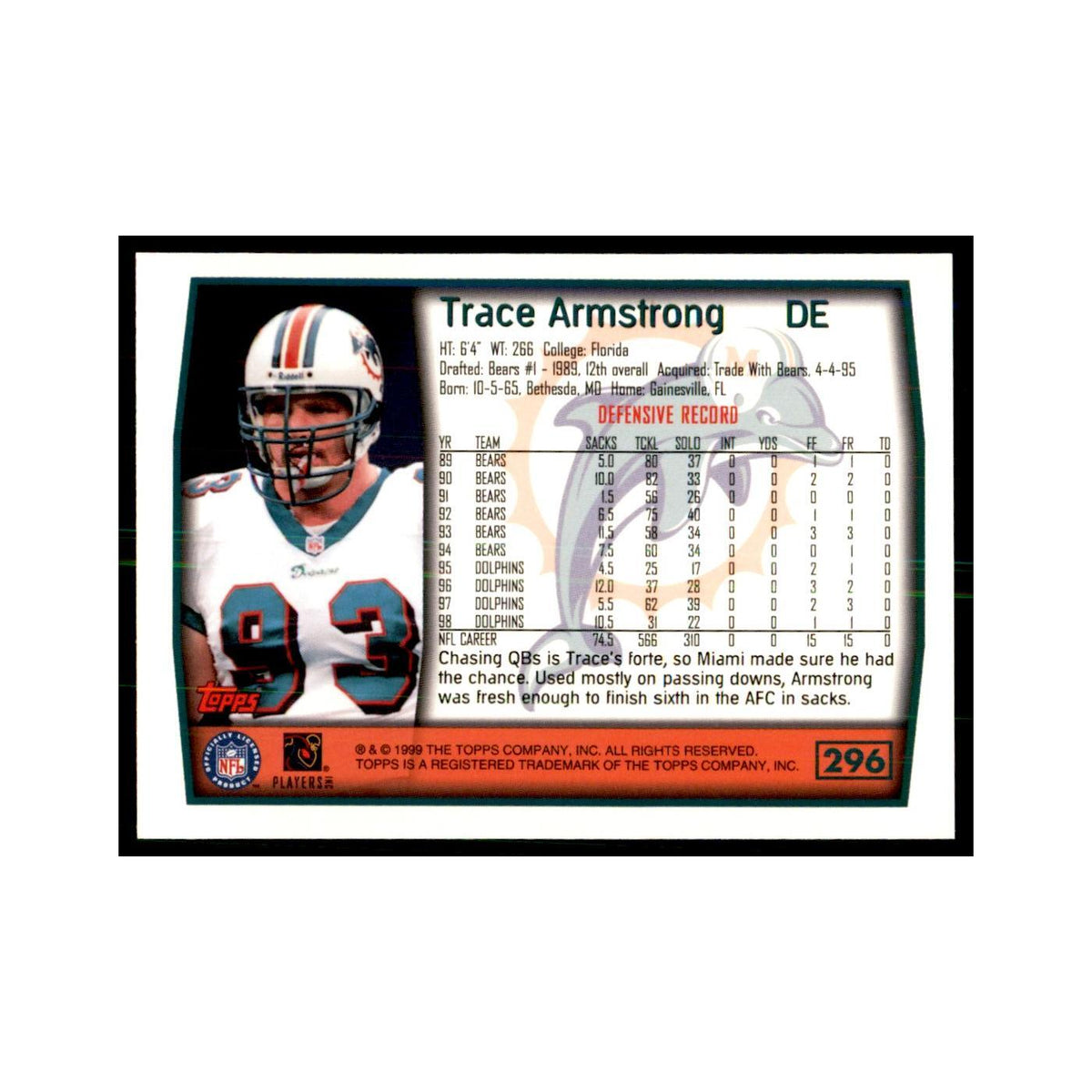Trace Armstrong 1999 Topps #296 Football Cards Football Card NM