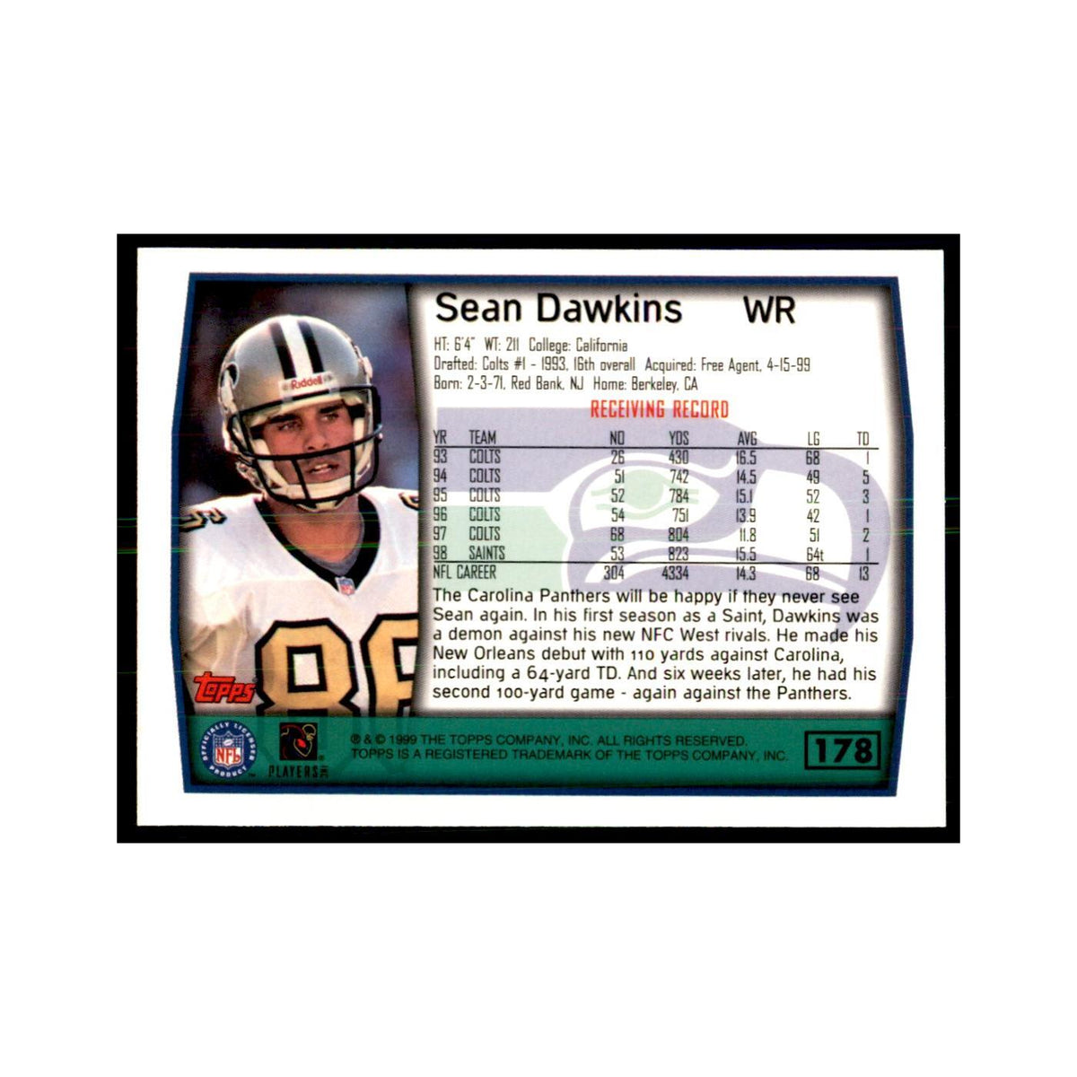 Sean Dawkins 1999 Topps #178 Football Cards Football Card NM