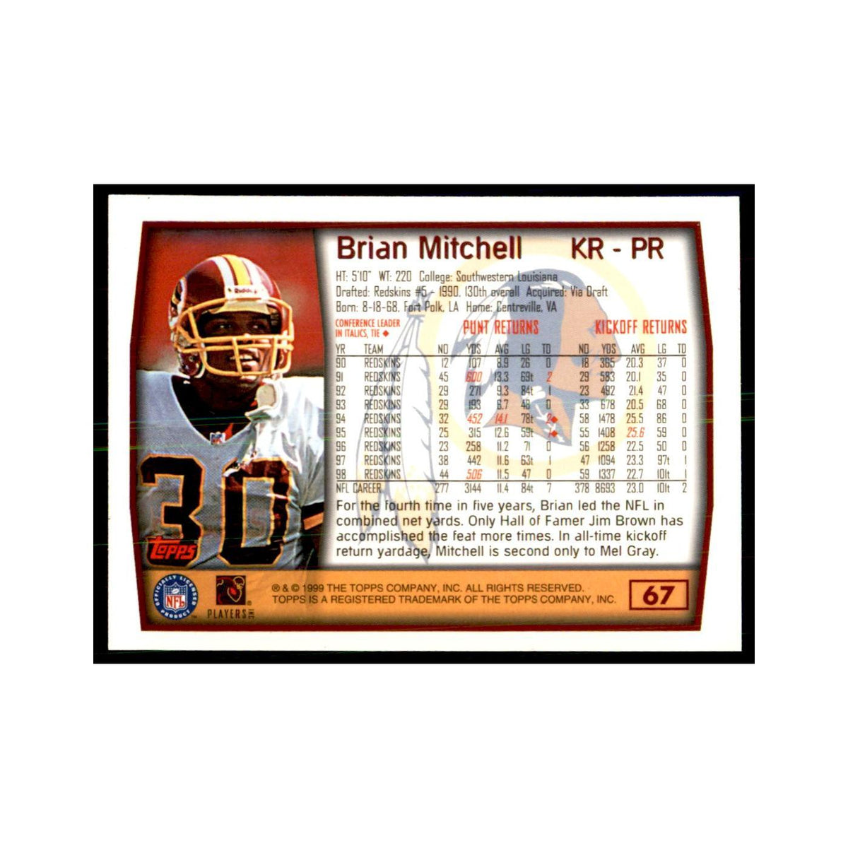 Brian Mitchell 1999 Topps #67 Football Cards Football Card NM