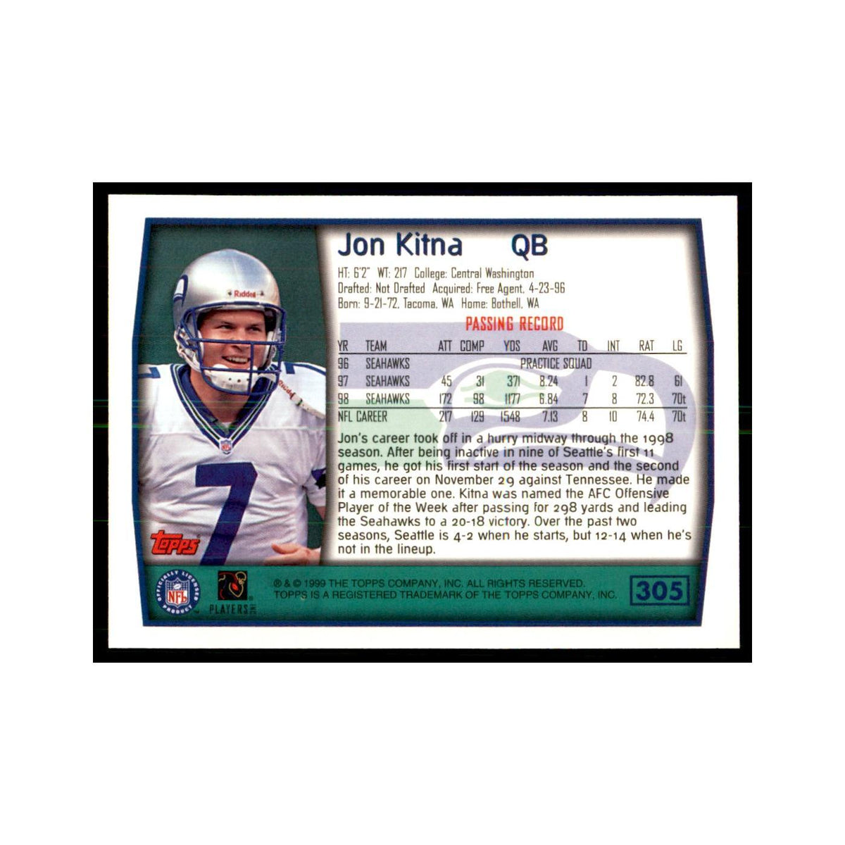 Jon Kitna 1999 Topps #305 Football Cards Football Card NM