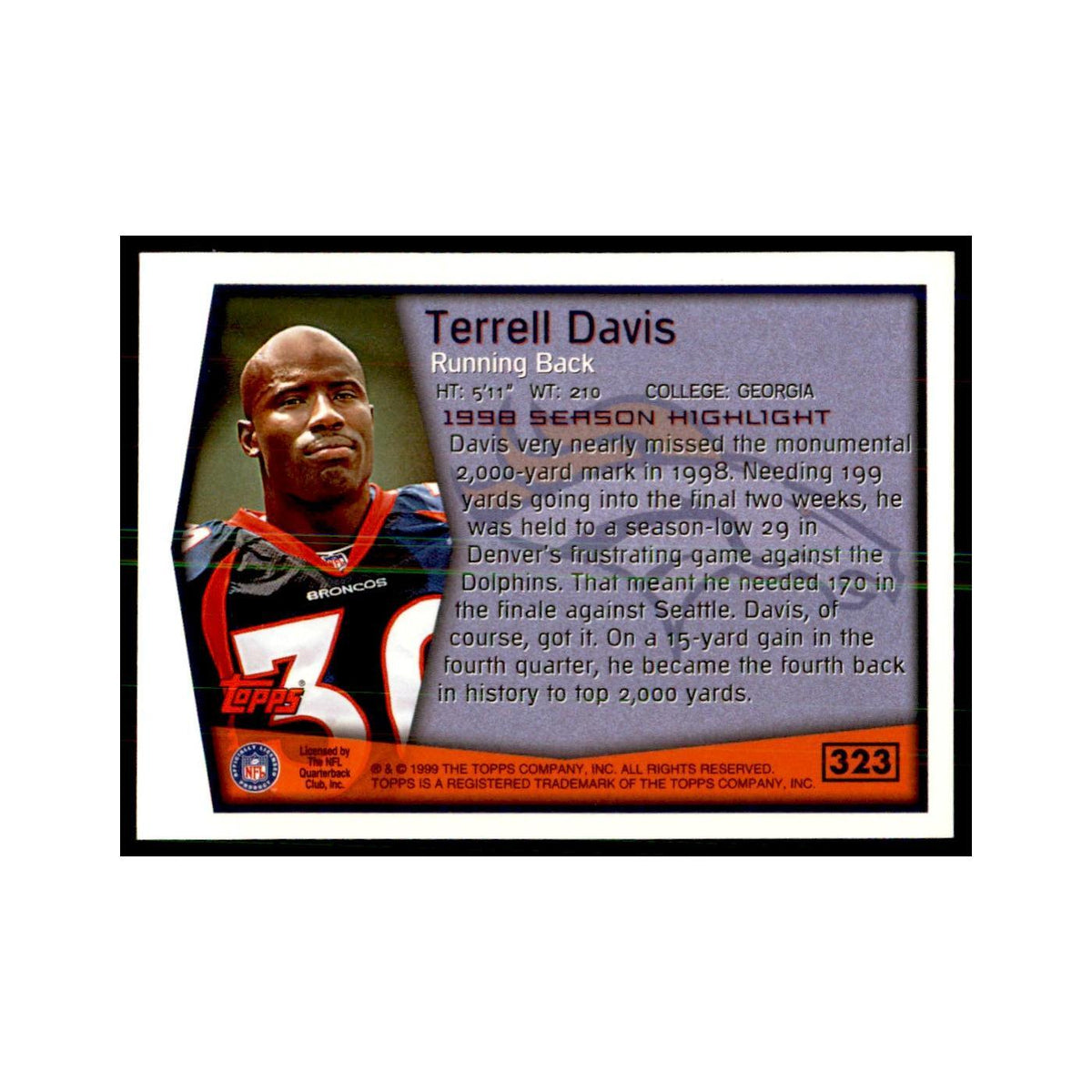 Terrell Davis 1999 Topps #323 Football Cards Football Card NM