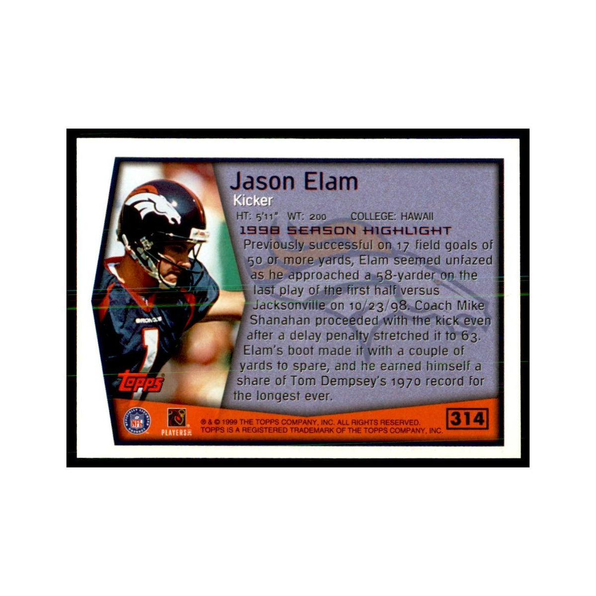 Jason Elam 1999 Topps #314 Football Cards Football Card NM