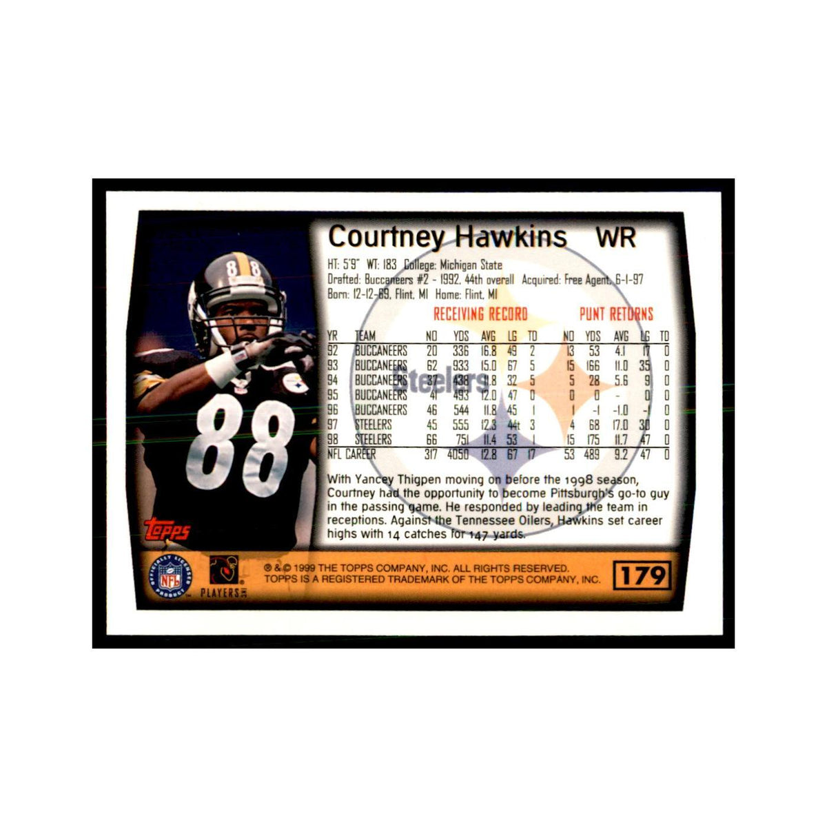Courtney Hawkins 1999 Topps #179 Football Cards Football Card NM