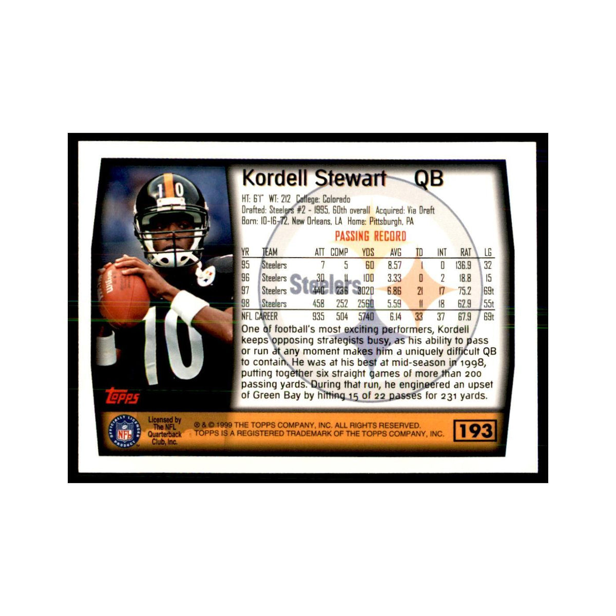 Kordell Stewart 1999 Topps #193 Football Cards Football Card NM