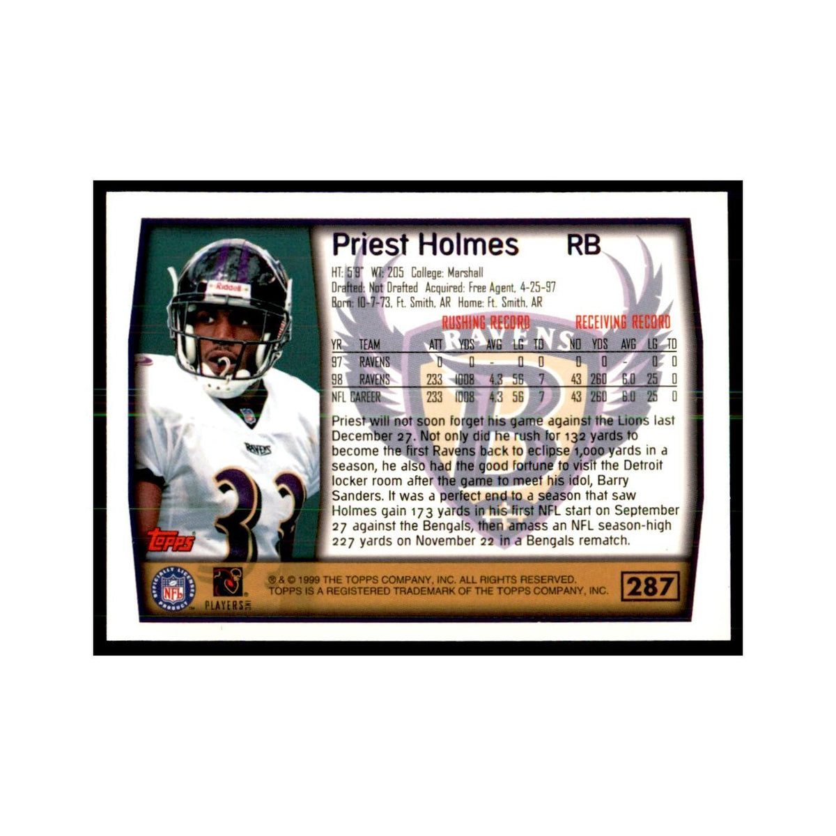 Priest Holmes 1999 Topps #287 Football Cards Football Card NM