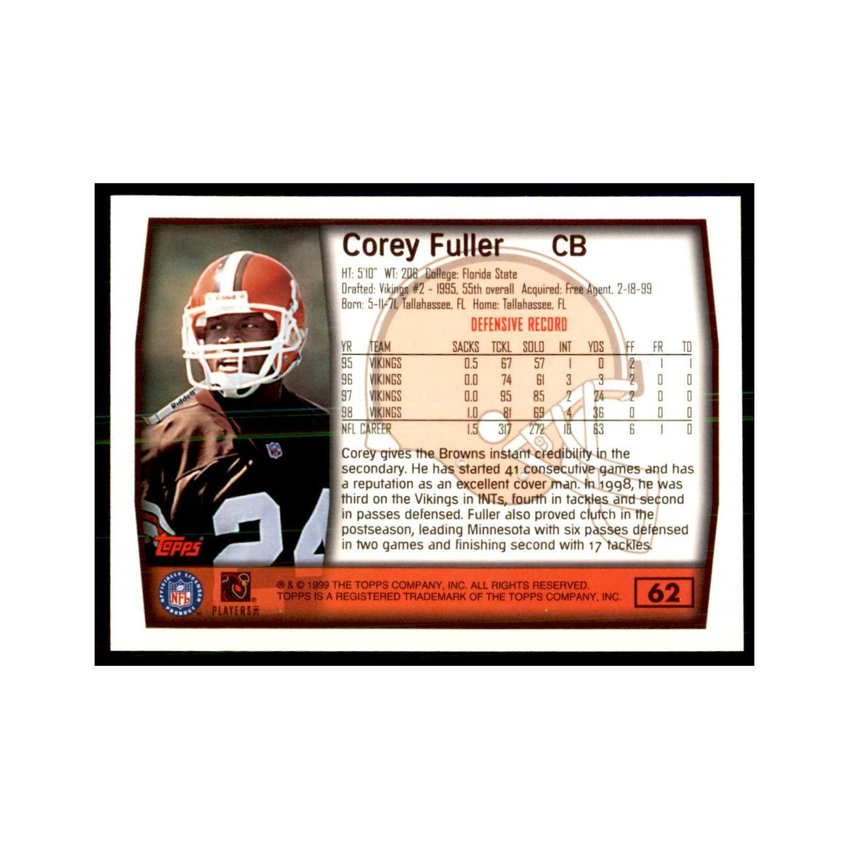Corey Fuller 1999 Topps #62 Football Cards Football Card NM