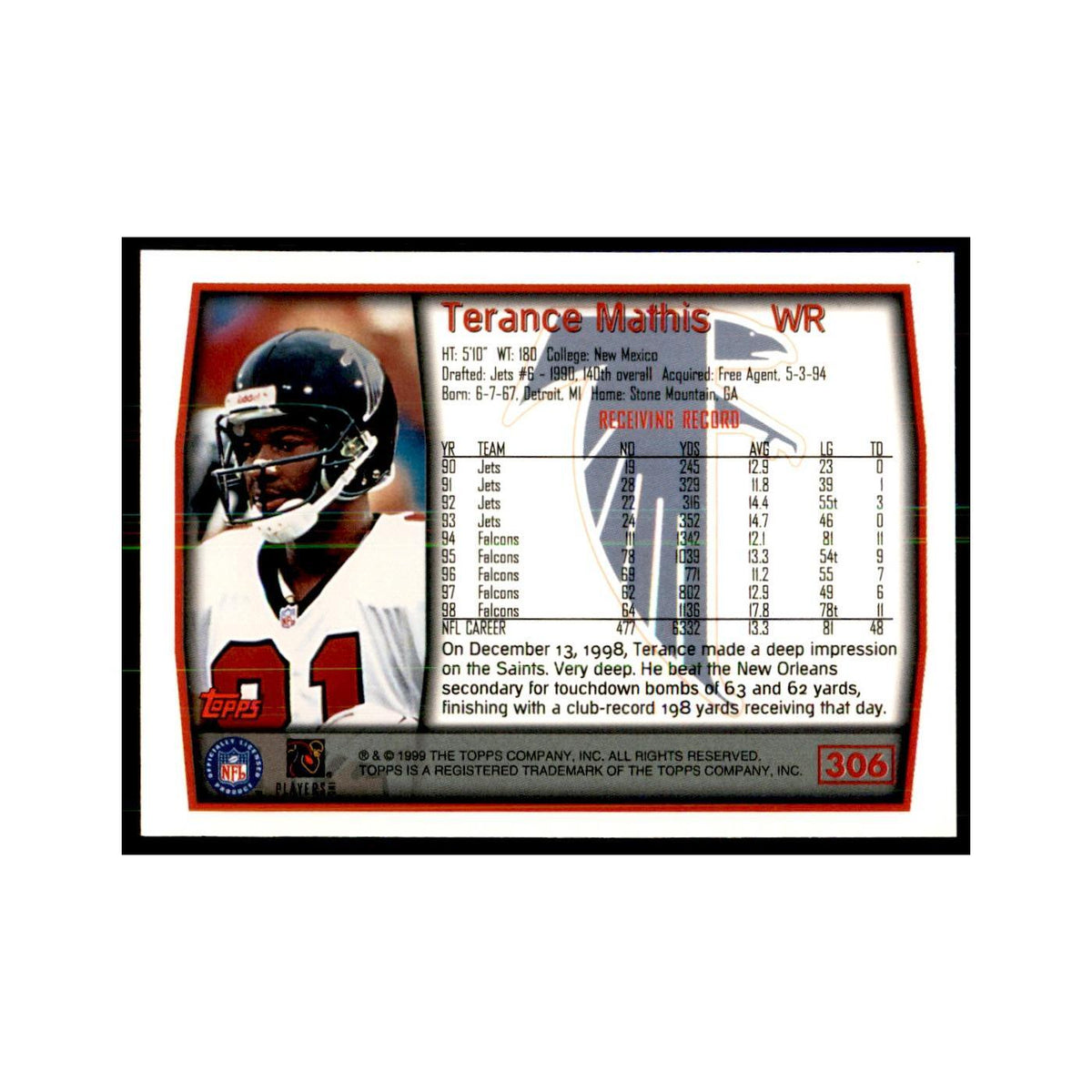 Terance Mathis 1999 Topps #306 Football Cards Football Card NM