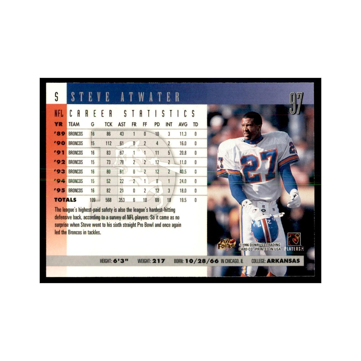 Steve Atwater 1996 Donruss #97 Football Cards Football Card NM