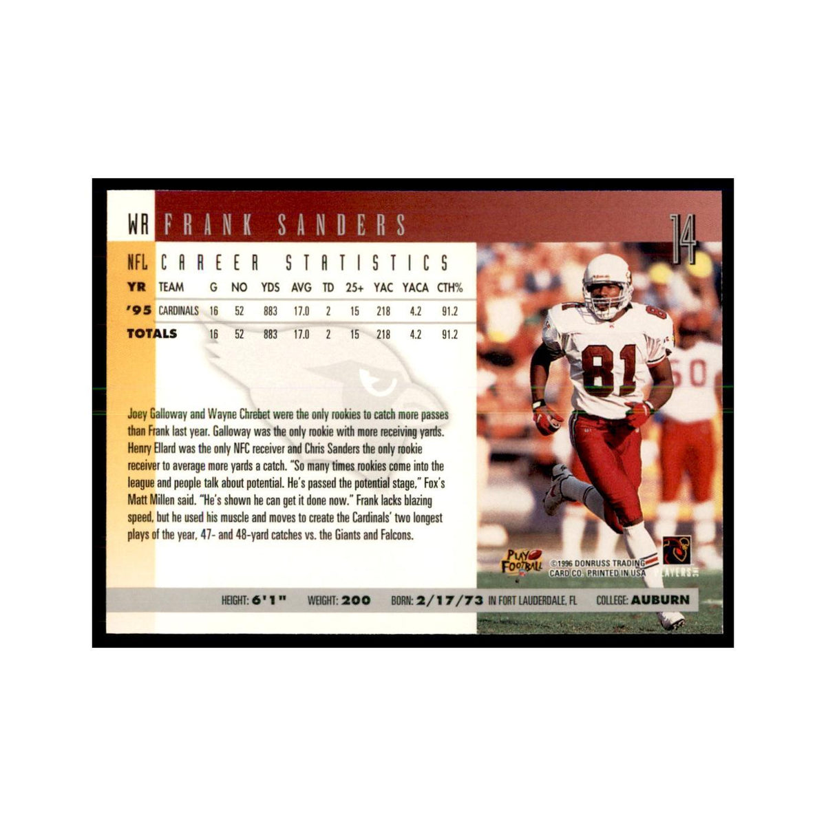 Frank Sanders 1996 Donruss #14 Football Cards Football Card NM