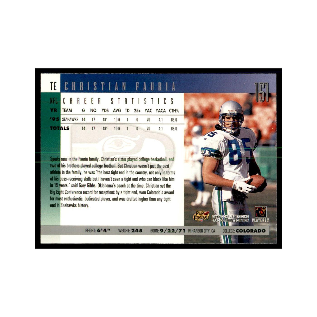 Christian Fauria 1996 Donruss #151 Football Cards Football Card NM