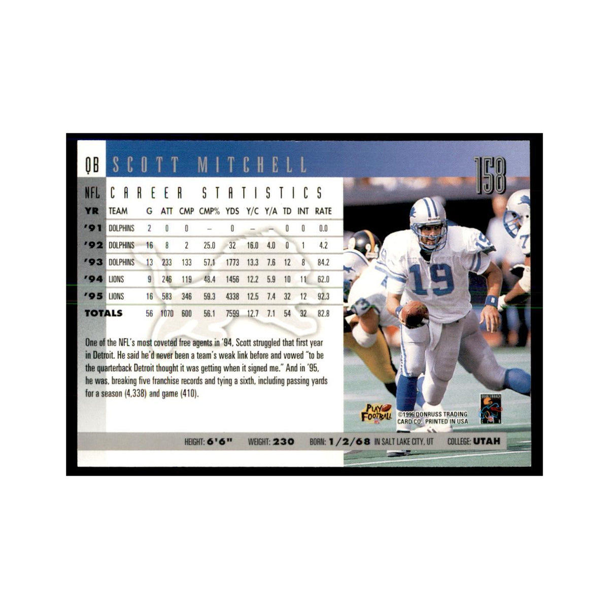 Scott Mitchell 1996 Donruss #158 Football Cards Football Card NM